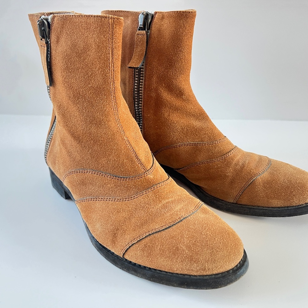 Chloe "Lexie" Light Brown Suede Flat Ankle Bootie w/ Double Zip Size